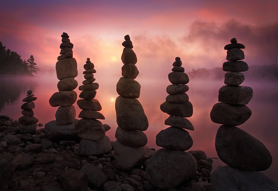 I arrived a bit early for a sunrise and decided to stack some stones while I waited for the sun to burn off the fog. The feeling...