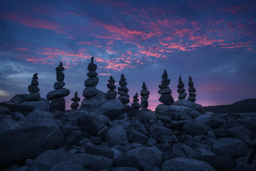 I spent some time fixing my stone cairns from the night before in hopes of a sunrise. It looked like it wasn't going to happen...