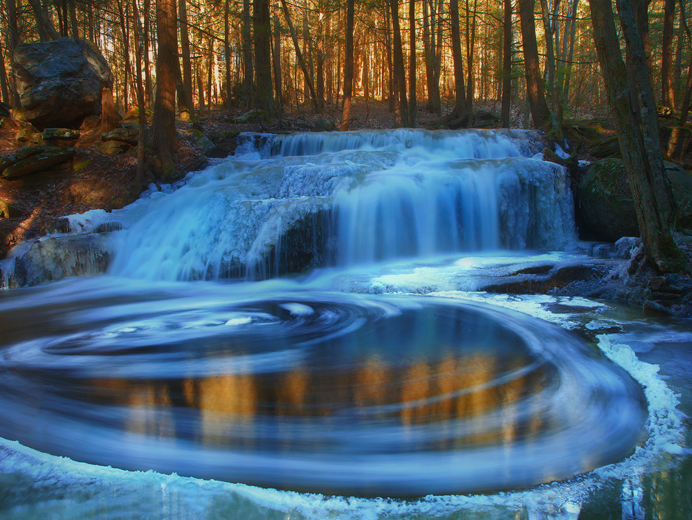 waterfall, winter, blue, gold,cascade, Massachusetts,