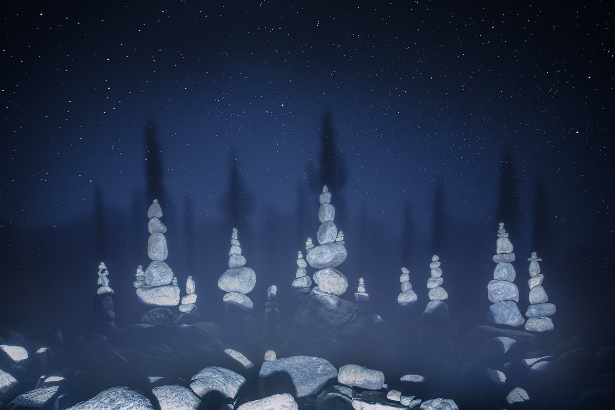 A thin surface fog on a clear night created an interesting opportunity. When lighting the stone cairns with a headlamp a shadow...