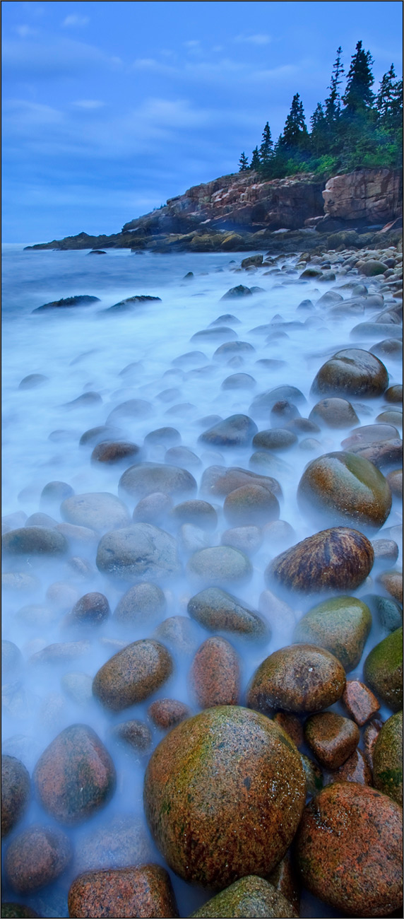 Acadia national park, Maine, cobblestones, blue, ocean, fog