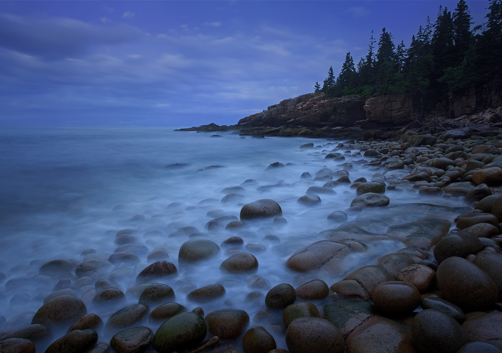 Acadia national park, Maine, sunrise,  cobble stones, blue