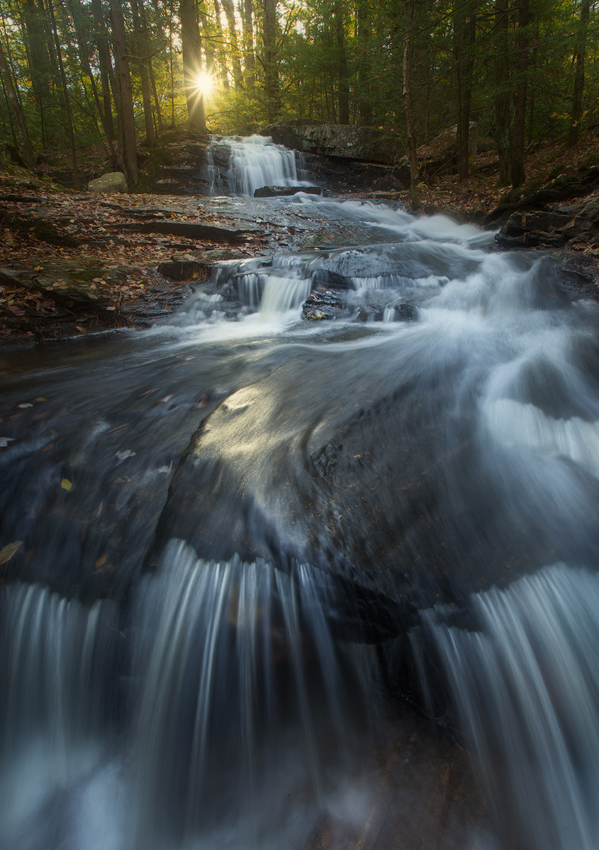 cascade, waterfall, sunrise, dawn, forest, massachusetts, pelham, patrickzephyr