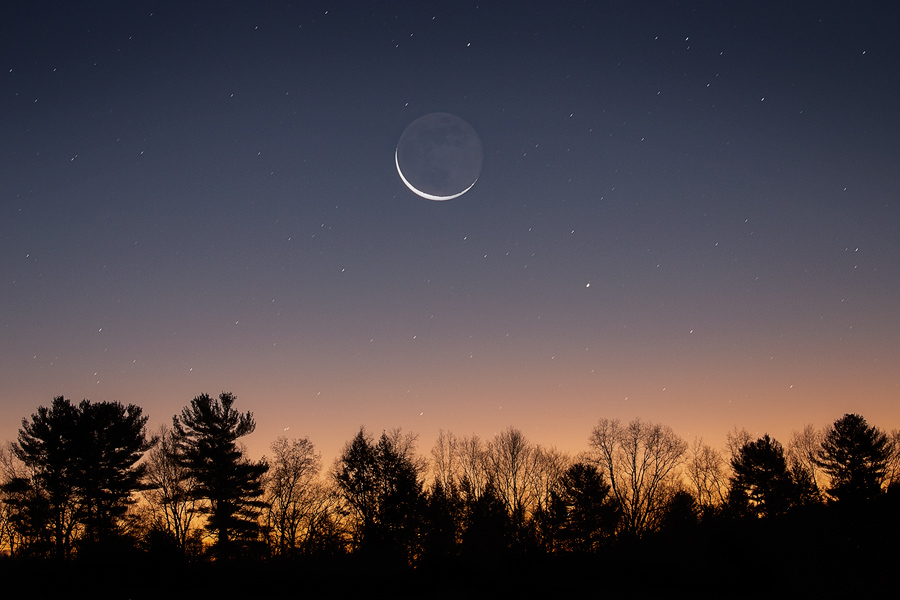 crescent moon, amherst, night, stars, trees, Patrick Zephyr, cresent