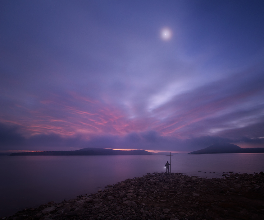 night, crescent moon, pink, patrick zephyr, quabbin reservior, Massachusetts