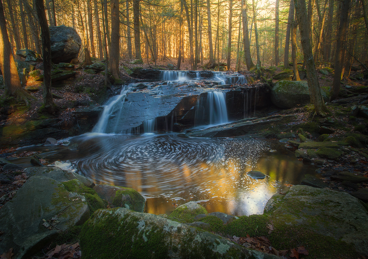 forest, stream, cascade, waterfall, New England, Massachusetts, Patrick Zephyr, reflections, Pelham