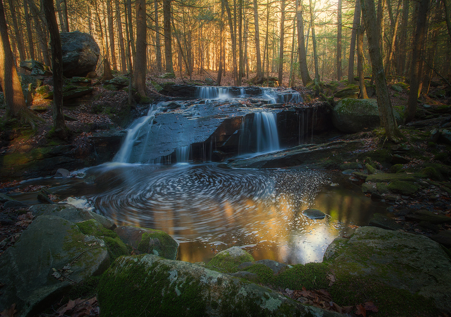 forest, stream, cascade, waterfall, New England, Massachusetts, Patrick Zephyr, reflections, Pelham