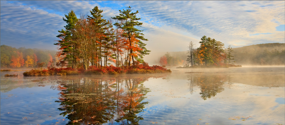 Harvard pond, petersham, Massachusetts, island, sunrise
