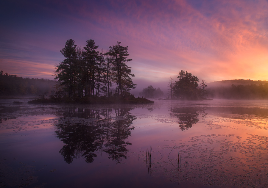 autumn, New England, sunrise, dawn, pink, Petersham, Harvard Pond, Massachusetts, Patrick Zephyr