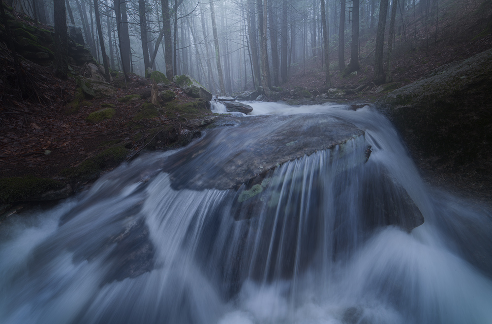 fog, stream, cascade, forest, Massachusetts, New England, Patrick Zephyr, Pelham, stream