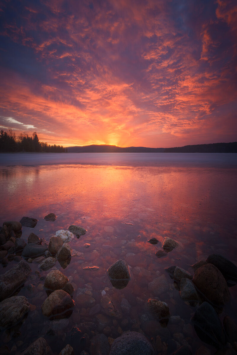 sunrise, dawn, fire, quabbin reservior, massachusetts, reflection, rocks, patrick zephyr