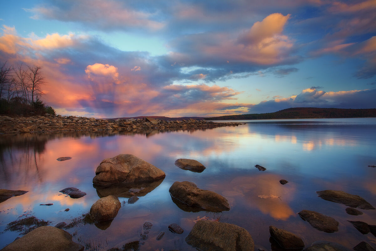 quabbin reservoir, massachusetts, sunset,  reflection