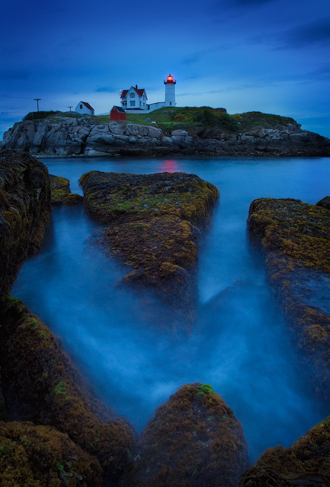Nubble light, Maine, lighthouse, blue, sunset