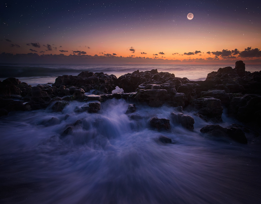 moon, crescent moon, Florida, ocean, dawn, Patrick Zephyr Photography, wave,