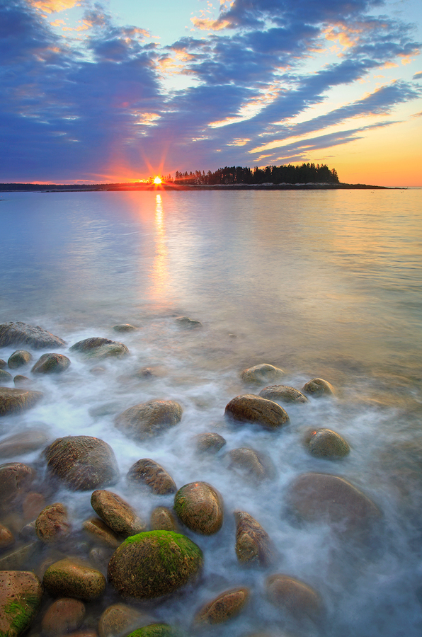 Schoodic peninsula, Maine, sunrise, island, surf, ocean, rocks