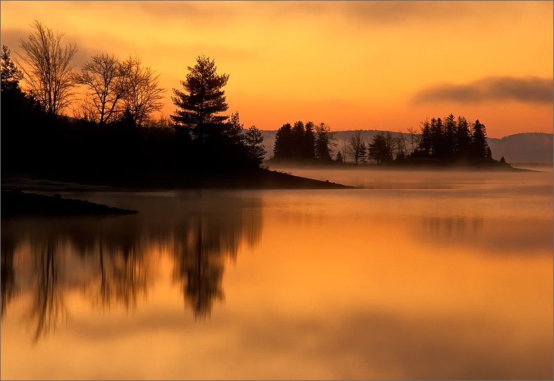 quabbin reservoir, massachusetts, sunrise, orange, reflection, island
