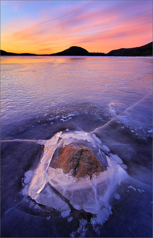 Quabbin reservoir, ice winter, rock, sunrise