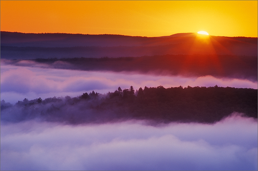 quabbin reservoir, massachusetts, sunrise, orange, fog